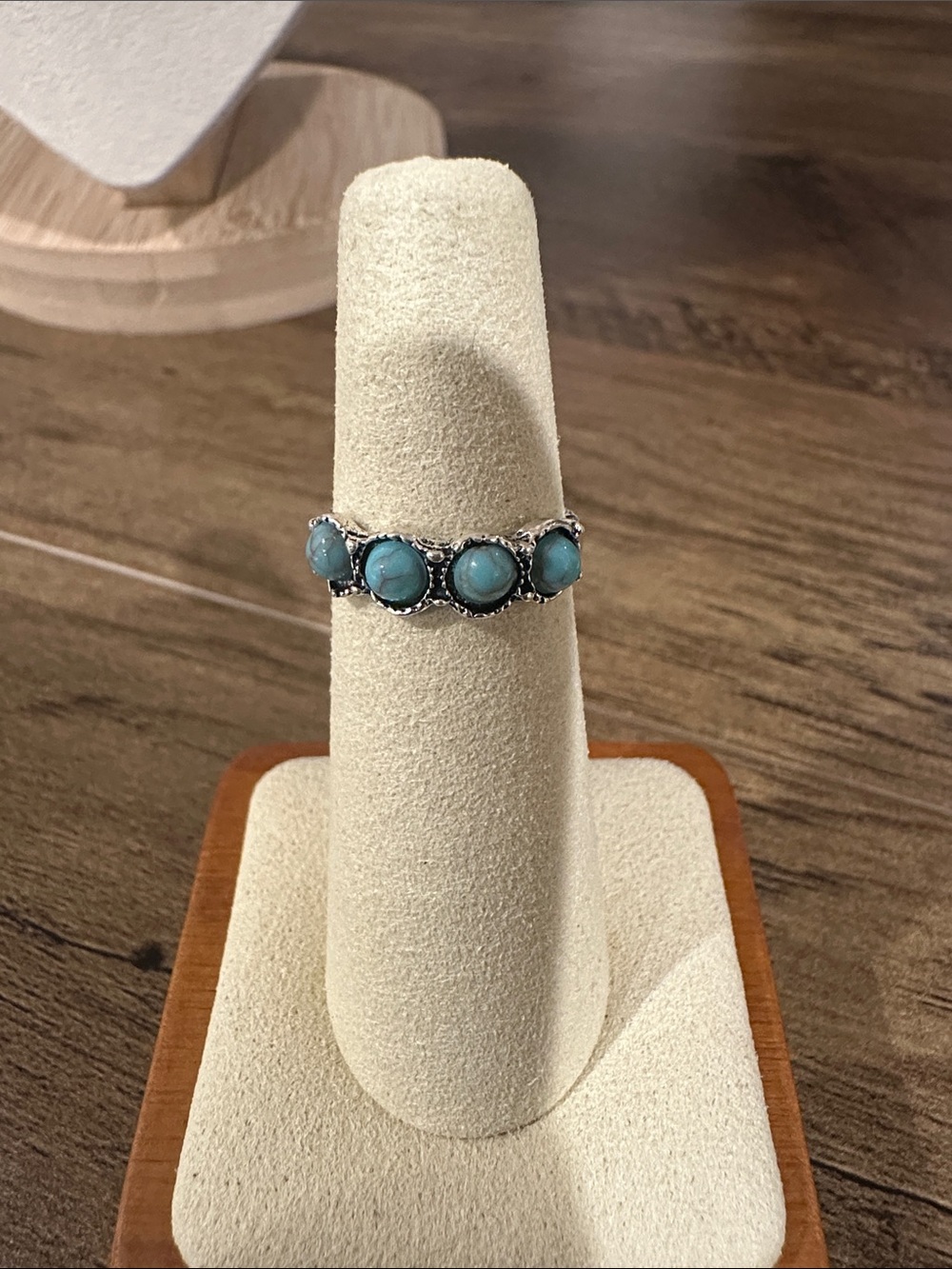 Turquoise Stone Silver Band Ring - Blue Accent